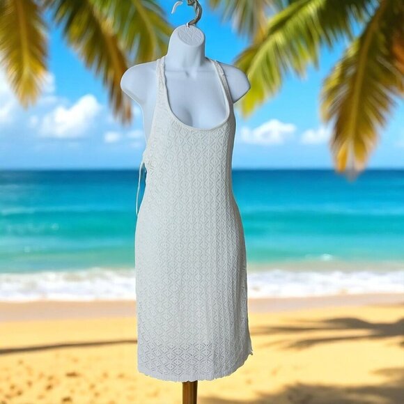 Madden NYC Ivory Crochet Sleeveless Halter Dress W Cross-Back Straps SZ L - Picture 1 of 7